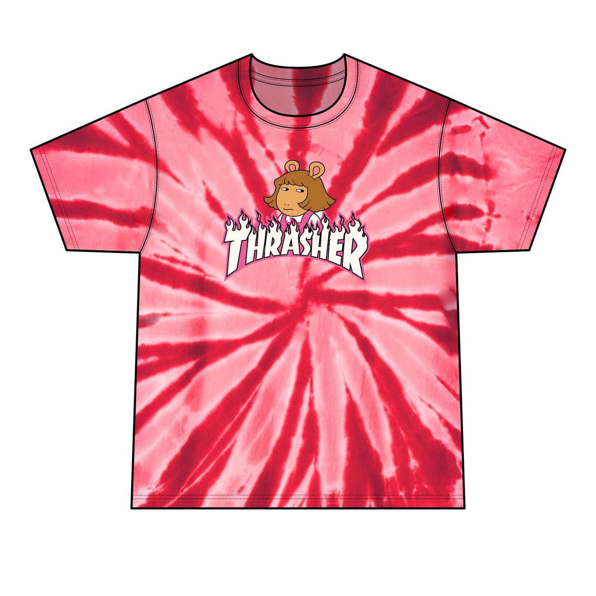 Tie-Dye T-Shirt — Retro Orange Pink Spiral with Thrashed Flame RAGRUTS Tee