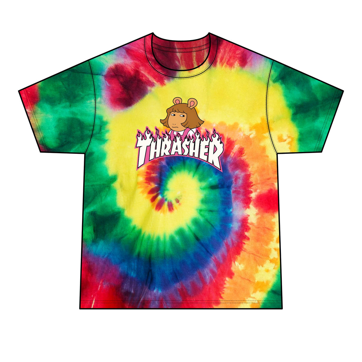 Tie-Dye T-Shirt — Retro Orange Pink Spiral with Thrashed Flame RAGRUTS Tee