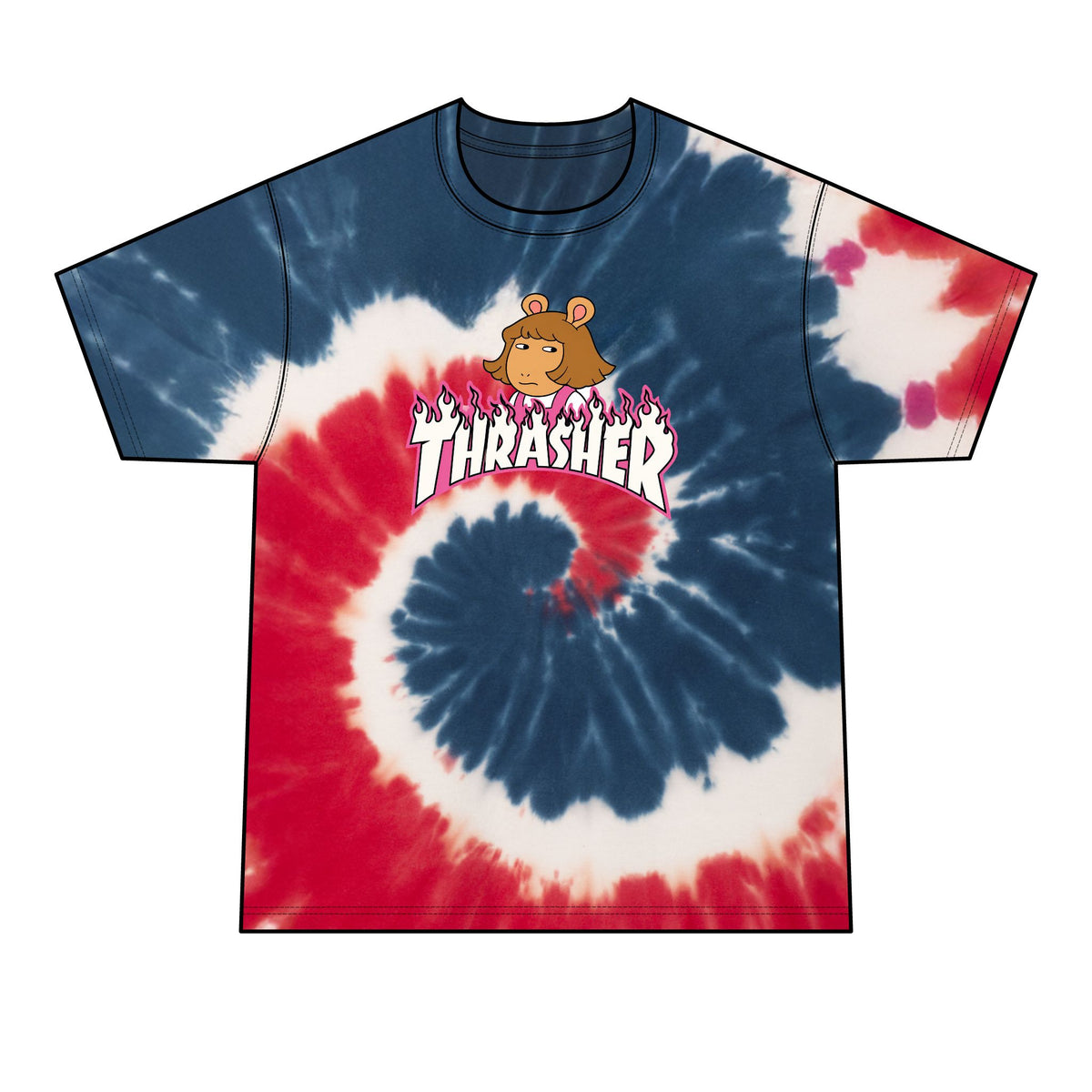 Tie-Dye T-Shirt — Retro Orange Pink Spiral with Thrashed Flame RAGRUTS Tee