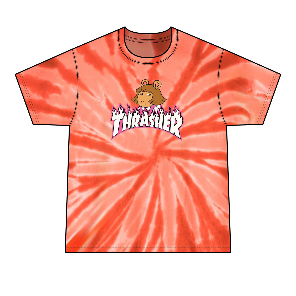 Tie-Dye T-Shirt — Retro Orange Pink Spiral with Thrashed Flame RAGRUTS Tee
