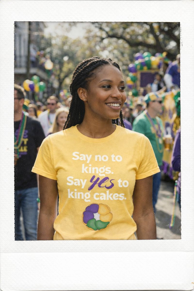 Say No to Kings Say Yes to King Cakes T-Shirt | New Orleans Mardi Gras humor statement shirt