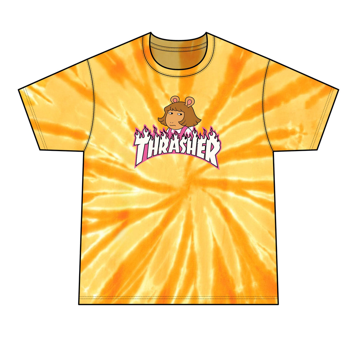 Tie-Dye T-Shirt — Retro Orange Pink Spiral with Thrashed Flame RAGRUTS Tee