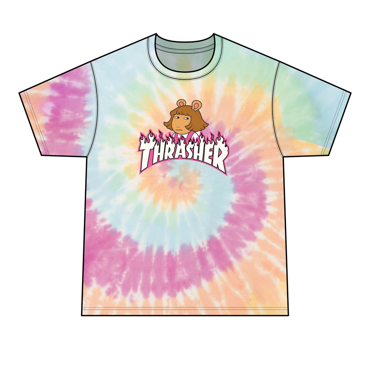 Tie-Dye T-Shirt — Retro Orange Pink Spiral with Thrashed Flame RAGRUTS Tee