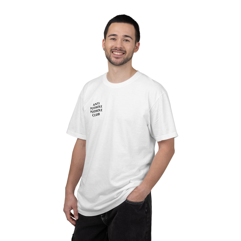 Anti Pothole Pothole Club T-shirt | White Tee with Bold Back Text