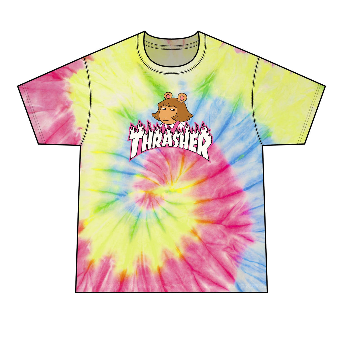 Tie-Dye T-Shirt — Retro Orange Pink Spiral with Thrashed Flame RAGRUTS Tee