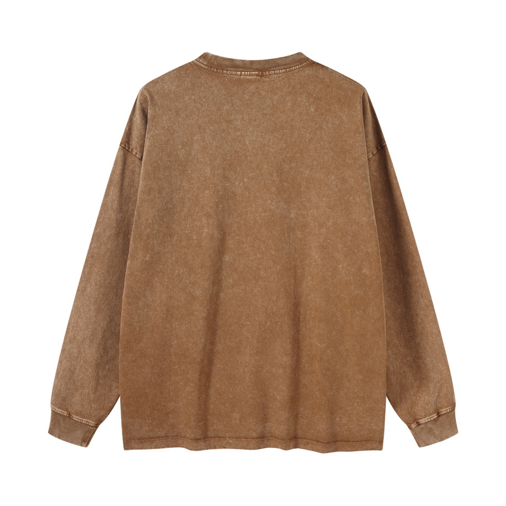 260GSM Men's Heavyweight Vintage-Wash Loose-Fit Long-Sleeve T-Shirt Brown
