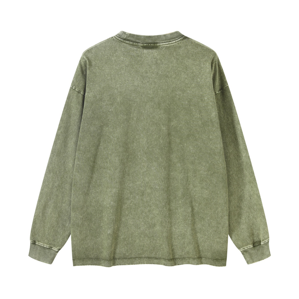 260GSM Men's Heavyweight Vintage-Wash Loose-Fit Long-Sleeve T-Shirt Green