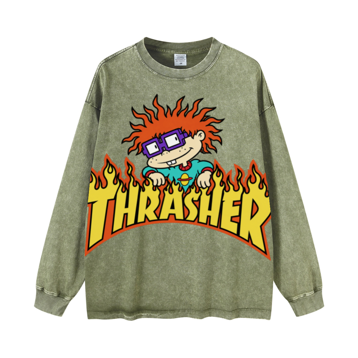 260GSM Men's Heavyweight Vintage-Wash Loose-Fit Long-Sleeve T-Shirt Green